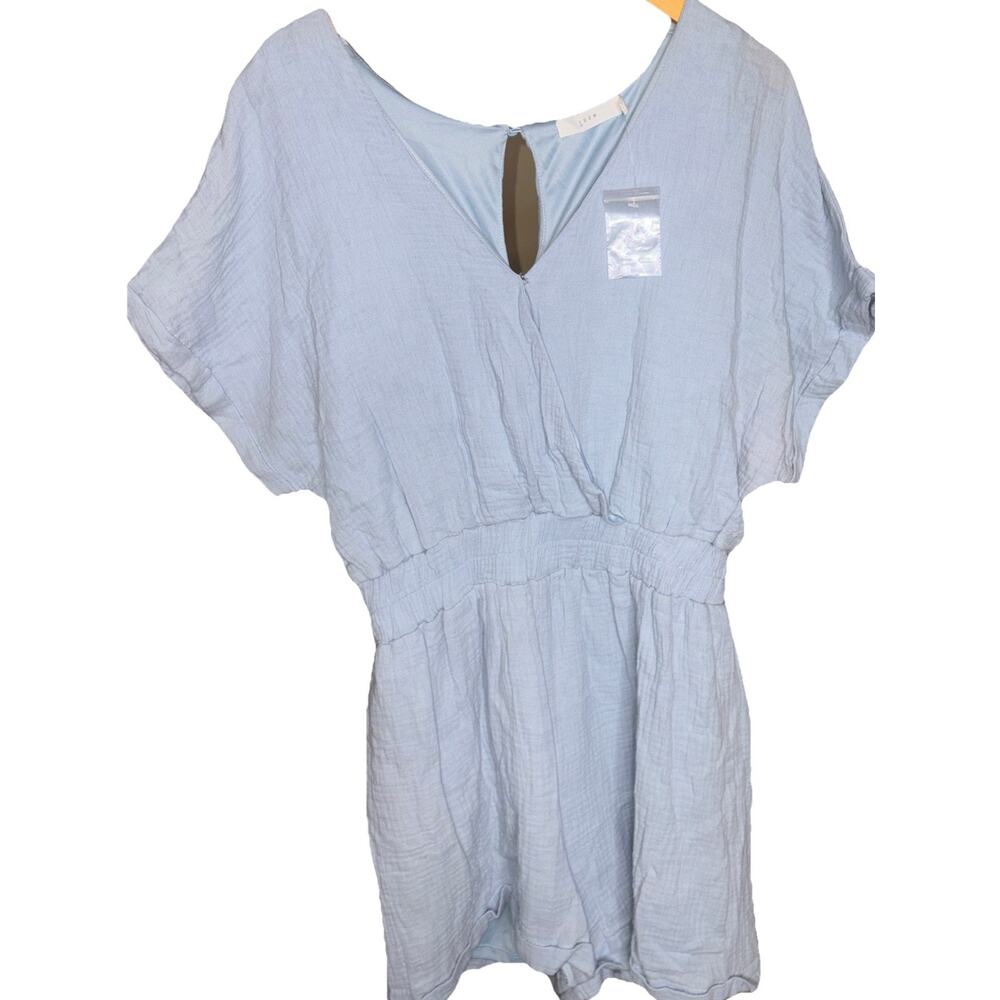 Lush BNWOT Romper Womens Size Large Boutique Gauzy Cotton Beachy Light Blue